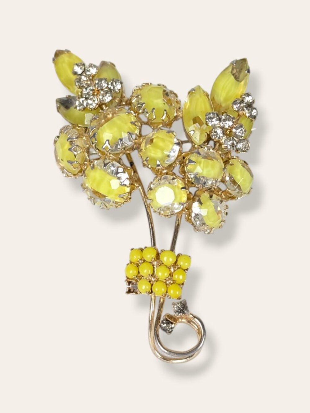 Vintage Mid-Century Yellow Banded Glass Floral Brooch